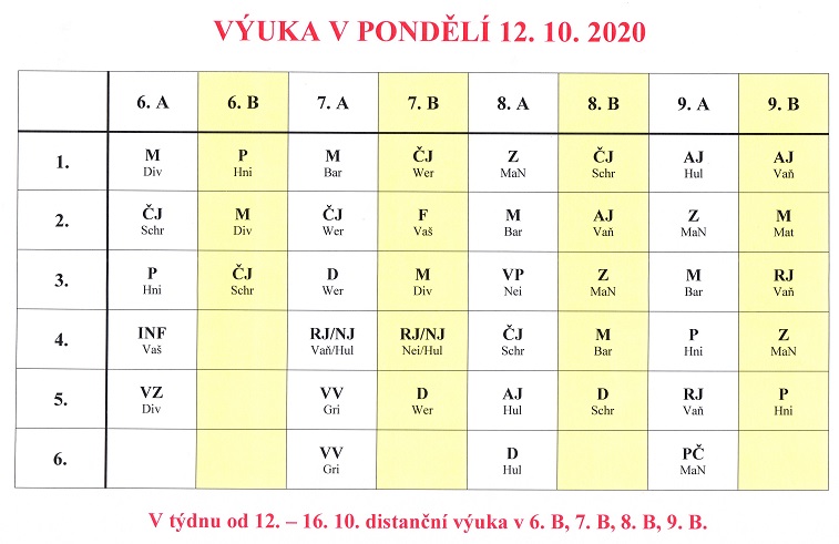 Rozvrh hodin na 12. a 13. října - 2. stupeň